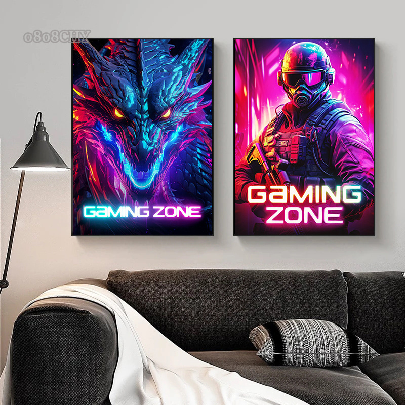 Esports Gaming Zone - ドラゴンバスインスペースアーマーゲームゾーンキャンバスポスター,アートプリント,モダンなゲーマーの写真,寝室の装飾,ホームルームギフト