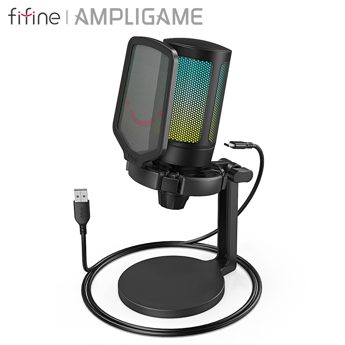 Streaming Mic Condenser - FIFINE AmpliGame ゲーミングマイク ショックマウント、ゲインノブ、タッチミュート付き、PC、スイッチ、PS5-A6NEO用ストリーミングポッドキャストコンデンサーマイク
