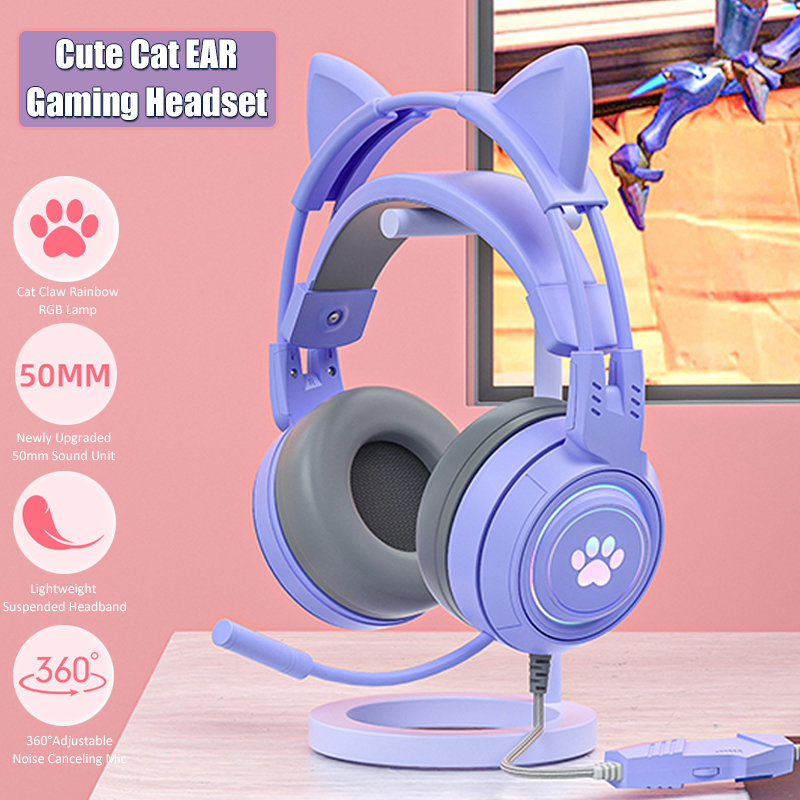 Esports Gaming Headphones - マイク付きのかわいい猫の耳のゲーミングヘッドフォン,RGBのノイズリダクション,ピンクの女の子用ヘッドセット,ゲーマー,PS4用アクセサリー,Xbox,電話,PC,子供向けギフト