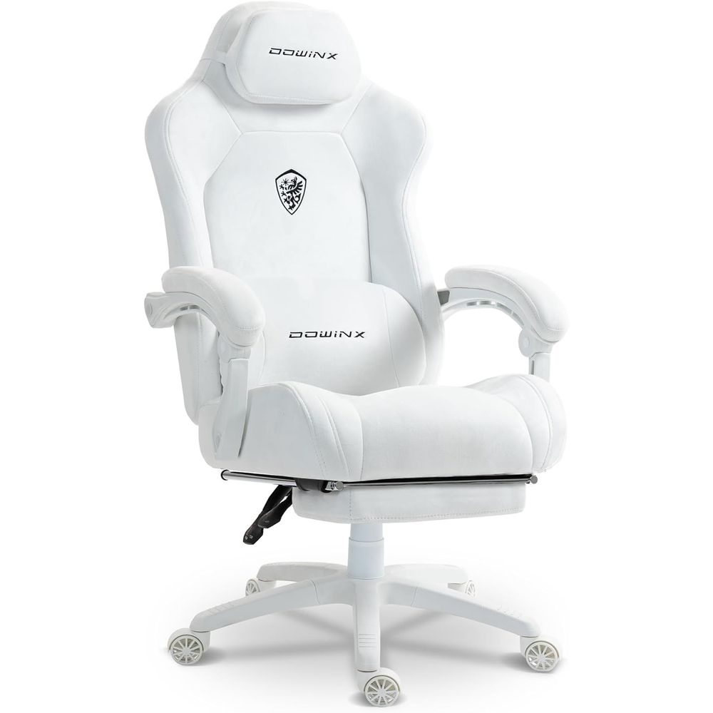 Gaming & Esports District - 人間工学に基づいたハイバックスエードゲーミングチェア、スプリングクッションとフットレスト付き、耐荷重440ポンド、ホワイト
