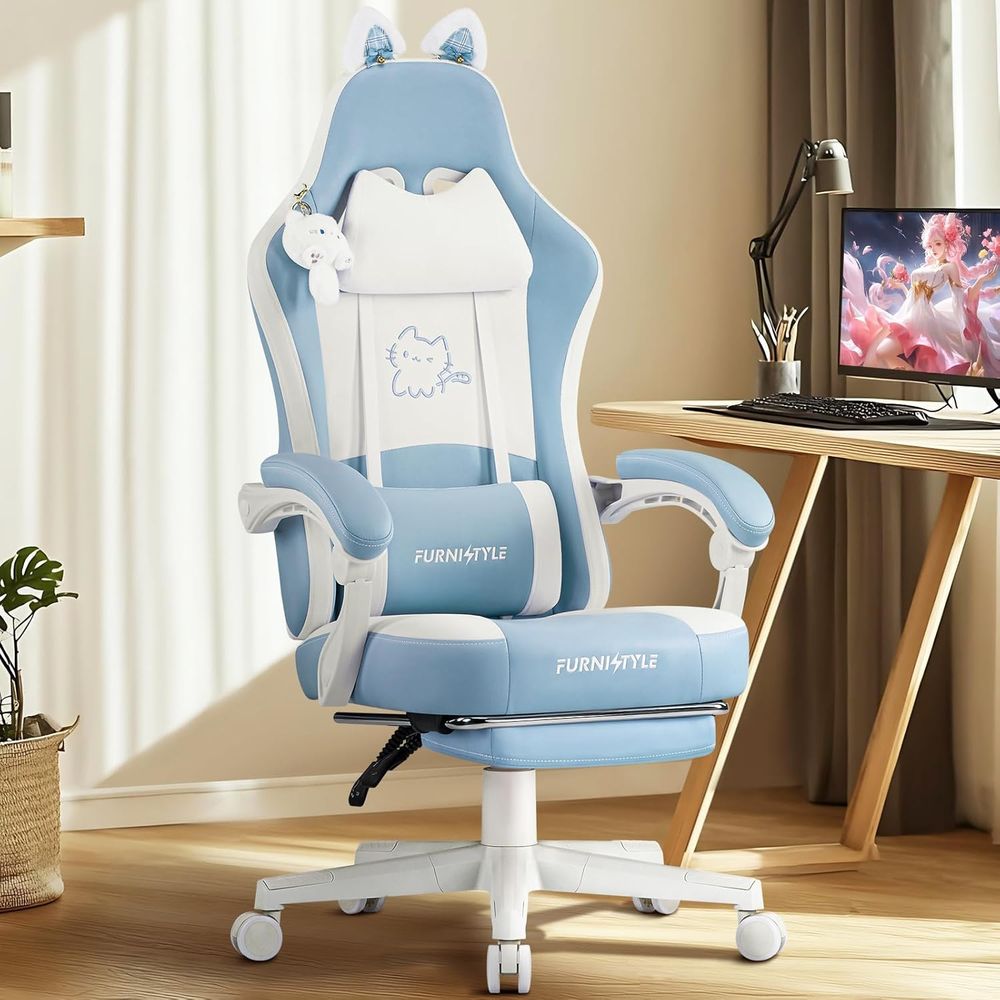 人間工学に基づいた青/白のゲーミングチェア、腰椎サポートとマ - Gaming & Esports District のレビューと価格